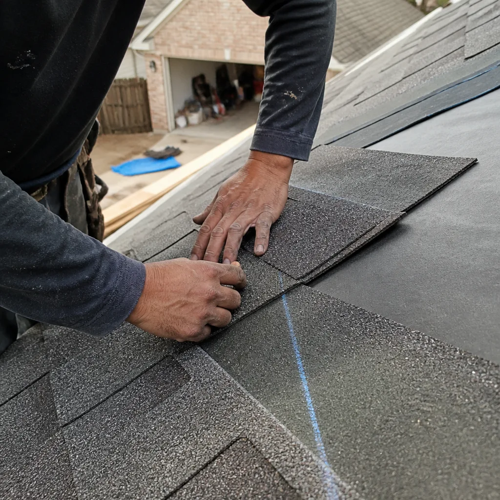 Professional roofer installing asphalt shingles on a residential roof