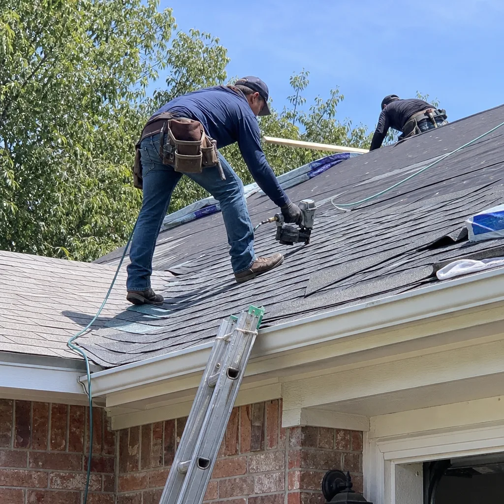 Two professional roofers installing new asphalt shingles on a residential roof
