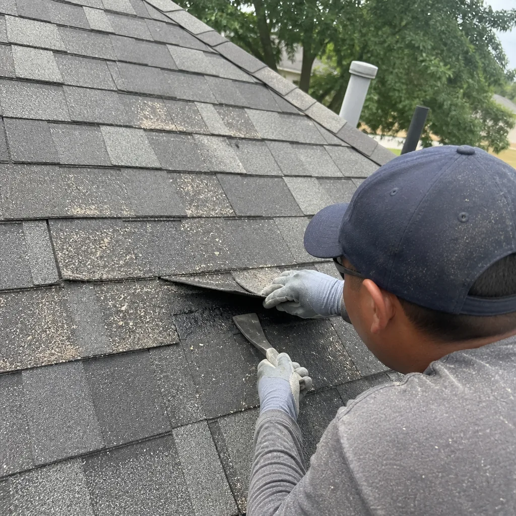 Professional roofer performing an asphalt shingle repair on a residential roof.
