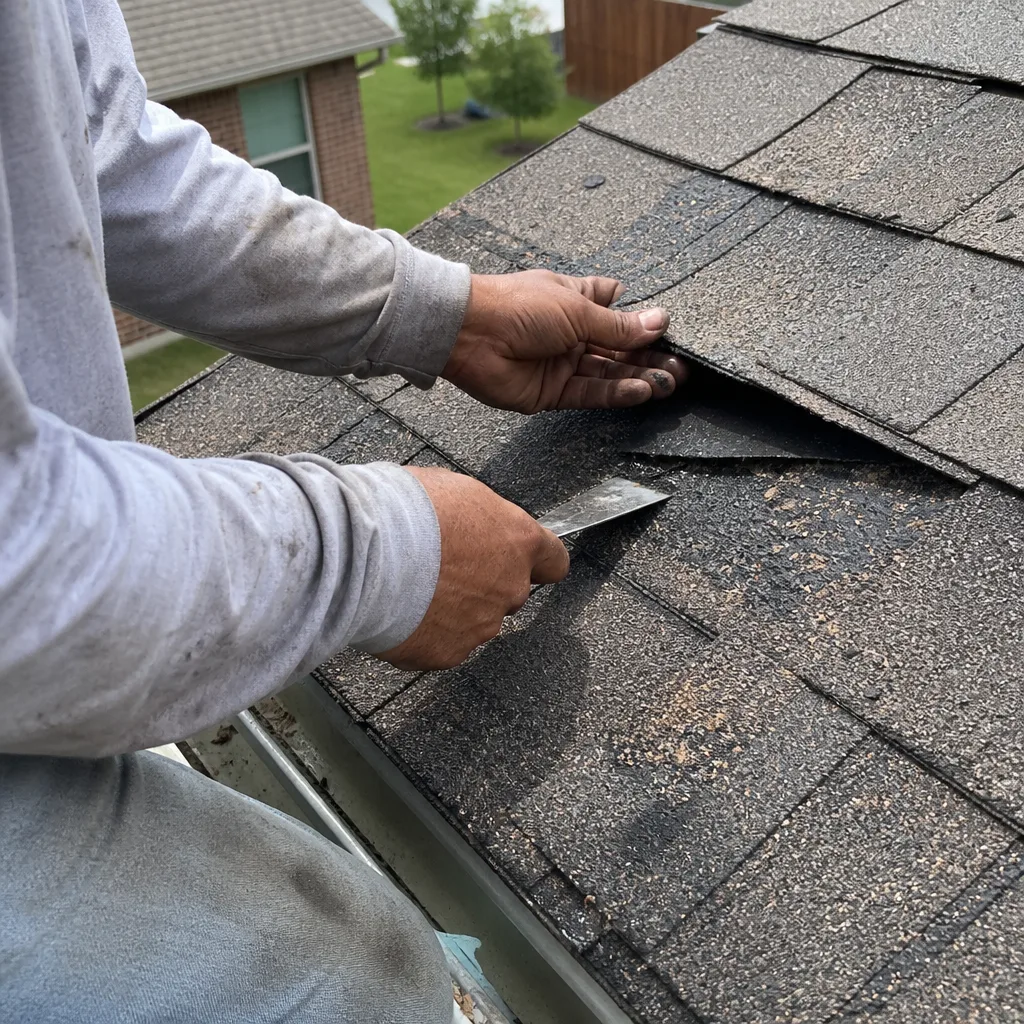 Professional roofer performing shingle repair on a residential roof