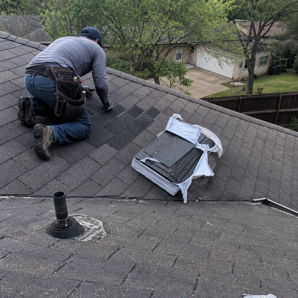 Professional roofer performing asphalt shingle roof repairs on a residential home