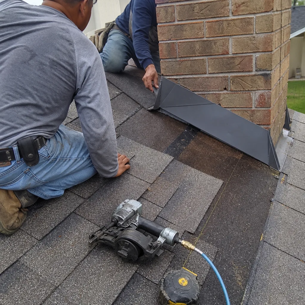 Roofers installing shingles and chimney flashing on a residential roof